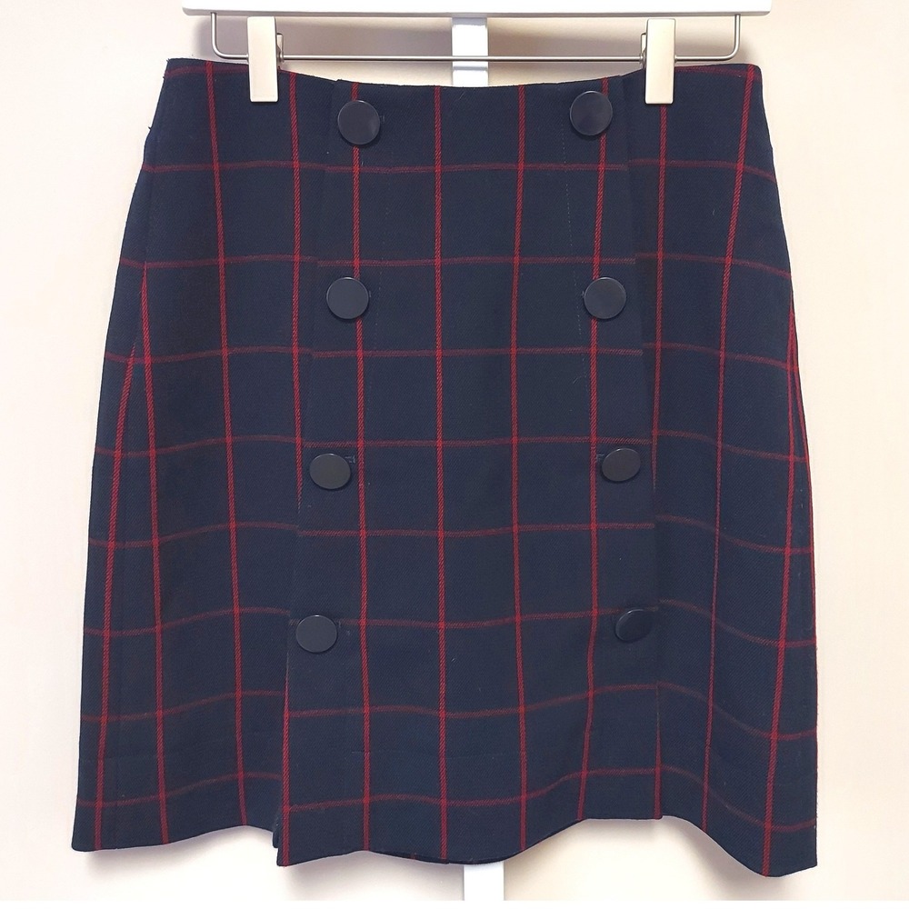 LOFT Outlet Navy Red Plaid Double Button A-Line Skirt 2 Nautical Academia Twee